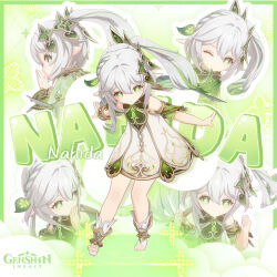 Rule 34 | 1girl, bracelet, character name, commentary, copyright name, cross-shaped pupils, detached sleeves, dress, english commentary, female focus, flat chest, full body, genshin impact, gold trim, gradient background, gradient hair, green eyes, green hair, hair ornament, jewelry, leaf hair ornament, logo, long hair, looking at viewer, multicolored hair, multiple views, nahida (genshin impact), official art, one eye closed, pointy ears, side ponytail, sleeveless, sleeveless dress, solo focus, stirrup footwear, symbol-shaped pupils, toeless footwear, white dress, white footwear, white hair