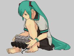 Rule 34 | 1girl, barefoot, black skirt, dirty, dirty feet, feet, female focus, grey background, hatsune miku, long hair, nail polish, shima (landsuzume), simple background, sitting, skirt, soles, solo, toes, twintails, vocaloid, watch, wristwatch
