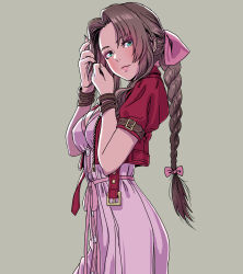 Rule 34 | 1girl, absurdres, adjusting hair, aerith gainsborough, aqua eyes, bow, bracelet, braid, braided ponytail, breasts, brown hair, cleavage, cropped jacket, dress, final fantasy, final fantasy vii, final fantasy vii remake, grey background, hair bow, highres, jacket, jewelry, long hair, looking at viewer, medium breasts, pink dress, ponytail, red jacket, simple background, smile, solo, standing, upper body, yamashita shun&#039;ya