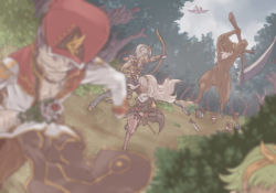 Rule 34 | 2girls, 3boys, animal ears, arrow (projectile), baphomet (ragnarok online), baphomet jr, bird, black coat, black dress, blue pants, blurry, bow (weapon), brown shirt, bush, cape, closed mouth, coat, commentary request, crop top, crown, day, defeat, demon, depth of field, drawing bow, dress, dutch angle, fleeing, full body, fur-trimmed gloves, fur-trimmed shirt, fur trim, garter straps, gloves, grass, green hair, hairband, high priest (ragnarok online), holding, holding bow (weapon), holding staff, holding weapon, in-universe location, knight (ragnarok online), long hair, looking at another, looking to the side, lying, monster, multiple boys, multiple girls, no eyes, novice (ragnarok online), on ground, open mouth, outdoors, pants, priest (ragnarok online), purple hair, rabbit ears, ragnarok online, red headwear, red shirt, scythe, shirt, short hair, sleeveless, sleeveless shirt, sniper (ragnarok online), staff, standing, susukinohukurou, sword, thighhighs, tree, two-tone shirt, upper body, weapon, white hair, white shirt, yellow gloves, yellow shirt