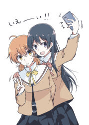 Rule 34 | 2girls, absurdres, ahoge, black eyes, black hair, commentary request, cowboy shot, hand on another&#039;s shoulder, highres, holding, holding phone, koito yuu, long hair, long sleeves, multiple girls, nanami touko, neck ribbon, open mouth, orange eyes, orange hair, partial commentary, phone, red ribbon, ribbon, school uniform, selfie, short twintails, sikyo69, tohmi higashi high school uniform, twintails, v, white background, yagate kimi ni naru, yellow ribbon