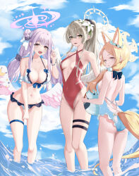 Rule 34 | 3girls, alternate costume, alternate hair length, alternate hairstyle, angel wings, ass, ball, beachball, bikini, blonde hair, blue archive, blue sky, breasts, bright pupils, casual one-piece swimsuit, chaciooh, cleavage, cloud, collarbone, commentary, criss-cross halter, english commentary, feathered wings, flower, flower wreath, forehead, frilled bikini, frills, gradient eyes, hair bun, hair flower, hair ornament, hair scrunchie, halo, halterneck, highres, holding, holding ball, holding beachball, large breasts, long hair, low twintails, medium breasts, mika (blue archive), multicolored eyes, multiple girls, nagisa (blue archive), navel, ocean, one-piece swimsuit, open mouth, orange eyes, parted bangs, pink hair, ponytail, red one-piece swimsuit, scrunchie, seia (blue archive), sideboob, single side bun, sky, small breasts, smile, standing, stomach, swimsuit, tail, tea party (blue archive), thigh gap, thigh strap, thighs, twintails, wading, white bikini, white pupils, white swimsuit, wings, yellow eyes