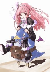 Rule 34 | 1girl, :d, ascot, bad id, bad pixiv id, black dress, black footwear, blunt bangs, blush stickers, boots, bow, bowtie, capelet, carrying, commentary request, demon wings, disgaea, dress, frilled dress, frilled sleeves, frills, full body, hairband, highres, long hair, long sleeves, mage (disgaea), open mouth, piggyback, pink hair, pointy ears, prinny, red eyes, ribbon, shado ne, shoe soles, shoulder carry, smile, white background, white bow, white bowtie, white hairband, white ribbon, wings