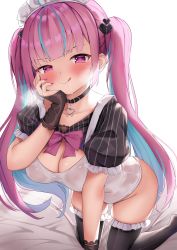 Rule 34 | 1girl, absurdres, ahoge, all fours, alternate costume, alternate hairstyle, arm support, black collar, black gloves, black thighhighs, blunt bangs, blush, breasts, cameltoe, cleavage, collar, colored inner hair, covered navel, fingerless gloves, fingernails, frilled thighhighs, frills, gloves, hair ornament, half-closed eyes, heart, heart-shaped pupils, heart hair ornament, heart pendant, highres, hololive, jewelry, kusana (dudqja602), large breasts, licking lips, long hair, looking at viewer, maid, maid headdress, minato aqua, minato aqua (1st costume), multicolored hair, nail polish, one-piece swimsuit, pendant, pink eyes, pink nails, purple hair, saliva, seductive smile, shrug (clothing), sidelocks, skindentation, smile, solo, streaked hair, swimsuit, symbol-shaped pupils, thighhighs, tongue, tongue out, twintails, two-tone hair, virtual youtuber, white background, white one-piece swimsuit