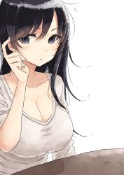 Rule 34 | 1girl, black hair, breasts, cleavage, commentary request, fingernails, hair between eyes, hand up, highres, index finger raised, large breasts, long sleeves, looking at viewer, original, parted lips, purple eyes, rucchiifu, simple background, solo, sweater, table, white background, white sweater