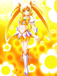 Rule 34 | 10s, 1girl, blonde hair, boots, bow, brooch, cure sunshine, engo (aquawatery), floral background, hair ribbon, heart, heart brooch, heartcatch precure!, knee boots, long hair, magical girl, midriff, myoudouin itsuki, navel, orange skirt, precure, ribbon, skirt, solo, twintails, wrist cuffs, yellow background, yellow bow, yellow eyes, yellow theme