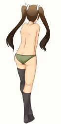Rule 34 | 10s, 1girl, arched back, ass, asymmetrical legwear, back, black socks, brown hair, butt crack, from behind, full body, green panties, hiwonoafu, kantai collection, kneehighs, kneepits, long hair, panties, single kneehigh, single sock, single thighhigh, socks, solo, thighhighs, tone (kancolle), topless, twintails, underwear, underwear only, uneven legwear, white background