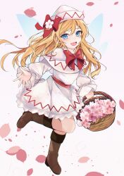 Rule 34 | 1girl, absurdres, basket, blonde hair, blue eyes, blush, boots, brown footwear, capelet, cherry blossoms, commission, dress, fairy, fairy wings, flower, full body, hair between eyes, hair flower, hair ornament, hat, highres, holding, holding basket, knee boots, lily white, long hair, long sleeves, looking at viewer, open mouth, orchid (orukido), petals, pixiv commission, simple background, smile, solo, touhou, white background, white capelet, white dress, white hat, wings