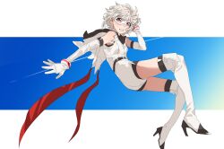 Rule 34 | 1girl, ass, bare shoulders, belt, black belt, black thighhighs, blue background, boots, clenched teeth, elbow gloves, eye mask, full body, gloves, gradient background, grey footwear, grey gloves, grey hair, grey leotard, hand up, high heel boots, high heels, highres, hood, hood down, hooded leotard, jiguang haibao, leotard, over-kneehighs, red eyes, short hair, shy (character), shy (series), solo, teeth, thighhighs, white background