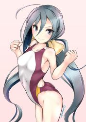Rule 34 | &gt;:), 10s, 1girl, clenched hands, competition swimsuit, grey eyes, grey hair, hassen (8cm), kantai collection, kiyoshimo (kancolle), long hair, one-piece swimsuit, simple background, solo, standing, swimsuit, twintails, twitter username, v-shaped eyebrows