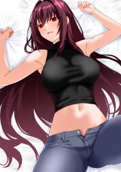 Rule 34 | 1girl, bare shoulders, blush, breasts, denim, engo (aquawatery), fate/grand order, fate (series), highres, jeans, large breasts, long hair, looking at viewer, lying, midriff, navel, on back, open mouth, pants, purple hair, red eyes, scathach (fate), sleeveless, sleeveless turtleneck, smile, solo, thighs, turtleneck