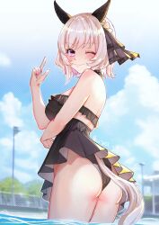 Rule 34 | 1girl, absurdres, animal ears, ass, banhuaaidie, bare arms, bikini, black bikini, blush, breasts, closed mouth, cloud, cloudy sky, cowboy shot, curly hair, curren chan (umamusume), day, eyelashes, frilled bikini, frills, from side, hair ornament, hand up, highres, horse ears, horse girl, horse tail, index finger raised, large breasts, looking at viewer, looking to the side, medium breasts, one eye closed, outdoors, partially submerged, pink eyes, short hair, sky, smile, solo, standing, swept bangs, swimsuit, tail, thighs, turning head, umamusume, water, white hair