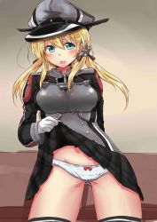 Rule 34 | 10s, 1girl, anchor hair ornament, black thighhighs, blonde hair, blue eyes, blush, bow, bow panties, chan (akuty ikkot), clothes lift, gloves, green eyes, hair ornament, hat, highres, kantai collection, lifting own clothes, microskirt, panties, peaked cap, prinz eugen (kancolle), skirt, skirt lift, solo, thighhighs, underwear, uniform, white gloves, white panties