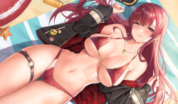 Rule 34 | 1girl, :q, abab xiaxia, bikini, black jacket, breasts, commentary request, earrings, heart, heart earrings, heart necklace, heterochromia, highres, hololive, houshou marine, houshou marine (summer), jacket, jewelry, large breasts, long hair, long sleeves, looking at viewer, lying, md5 mismatch, navel, necklace, on back, red bikini, red eyes, red hair, resolution mismatch, shiny skin, smile, solo, source larger, swimsuit, tongue, tongue out, virtual youtuber, wet, wide hips, yellow eyes