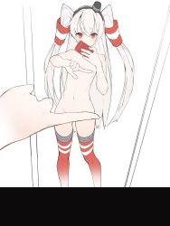 Rule 34 | 1girl, absurdres, amatsukaze (kancolle), cellphone, female pov, gluteal fold, hair tubes, hairband, hat, highres, kantai collection, long hair, meme, mini hat, mirror, navel, nude, one finger selfie challenge (meme), phone, pov, red eyes, red thighhighs, reflection, selfie, smartphone, solo, thighhighs, two side up, very long hair, xyz (xiaoyezi)