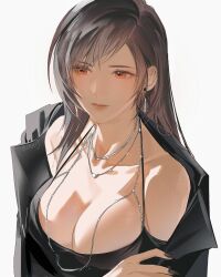 Rule 34 | 1girl, alternate costume, bare shoulders, black dress, black hair, black jacket, black nails, breasts, cleavage, closed mouth, collarbone, commentary, dress, duoj ji, earrings, english commentary, final fantasy, final fantasy vii, fingernails, highres, jacket, jewelry, large breasts, lips, long hair, nail polish, necklace, off shoulder, open clothes, open jacket, pink lips, red eyes, simple background, smile, solo, tifa lockhart, twitter username, white background