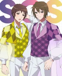 Rule 34 | 2boys, brown eyes, brown hair, closed mouth, collared shirt, commentary request, cowboy shot, fsin 1, highres, koizumi itsuki, kyon, long sleeves, male focus, multiple boys, necktie, open mouth, pants, plaid, plaid vest, purple necktie, purple vest, shirt, short hair, smile, suzumiya haruhi no yuuutsu, sweatdrop, vest, white pants, white shirt, yellow necktie, yellow vest