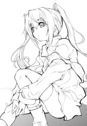 Rule 34 | 1girl, ankle boots, boots, bracelet, dress, greyscale, jewelry, kashi, lineart, long hair, long sleeves, look-alike, monochrome, original, simple background, sitting, solo, twintails, very long hair, white background