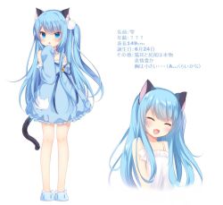 Rule 34 | 1girl, :d, ^ ^, amashiro natsuki, animal ear fluff, animal ears, animal print, bad id, bad twitter id, bare legs, bare shoulders, bell, blue dress, blue eyes, blue hair, bow, camisole, cat ears, cat print, cat slippers, cat tail, character profile, closed eyes, commentary request, dress, closed eyes, fang, flat chest, frilled dress, frills, full body, hair bobbles, hair ornament, jingle bell, long hair, long sleeves, multiple views, nekoha shizuku, open mouth, original, short dress, side ponytail, sleeves past wrists, smile, tail, translation request