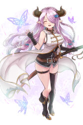 Rule 34 | 1girl, bare legs, belt, blush, boots, braid, breasts, bug, butterfly, closed eyes, draph, dress, ekra, eyebrows hidden by hair, granblue fantasy, hair ornament, highres, holding, holding weapon, horns, insect, katana, large breasts, light particles, long hair, narmaya (granblue fantasy), necktie, open mouth, palm-fist greeting, pointy ears, purple hair, simple background, smile, solo, sword, weapon, white background, white dress