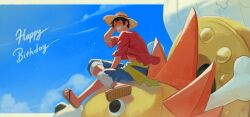 Rule 34 | 1boy, ^ ^, absurdres, arm up, black hair, blue sky, closed eyes, figure four sitting, figurehead (boat), fur-trimmed shorts, fur trim, grin, hand on headwear, happy, happy birthday, hat, highres, jennyandloiryan, male focus, monkey d. luffy, one piece, open clothes, open shirt, red shirt, sandals, sash, shirt, short hair, shorts, sitting, sky, smile, solo, straw hat, thousand sunny, yellow sash