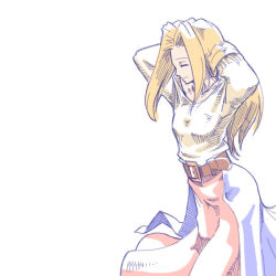 Rule 34 | 1girl, bad id, bad pixiv id, bare shoulders, belt, blonde hair, breasts, closed mouth, commentary request, dress, final fantasy, final fantasy tactics, long hair, momigara (mmgrkmnk), reis duelar, simple background, solo, white background