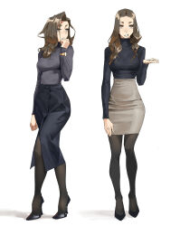 Rule 34 | 1girl, absurdres, black footwear, black pantyhose, black skirt, black sweater, breasts, brown eyes, brown hair, full body, grey skirt, grey sweater, hand to own mouth, high-waist skirt, high heels, highres, long hair, long skirt, multiple girls, office lady, open mouth, original, pantyhose, pencil skirt, side slit, simple background, skirt, standing, sweater, tbocart, vertical-striped sweater, watch, white background, wristwatch
