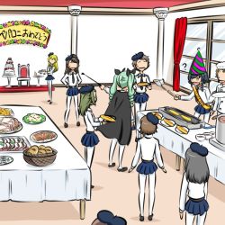 0 0, 6+girls, :d, ?, amaretto (girls und panzer), anchovy (girls und panzer), anger vein, anzio school uniform, bangs, basket, belt, beret, birthday, birthday cake, black belt, black cape, black hair, black headwear, black neckwear, black ribbon, black skirt, blonde hair, braid, buffet, cake, cape, carpaccio (girls und panzer), character name, chef hat, cooking, dress shirt, drill hair, food, gelato (girls und panzer), girls und panzer, green hair, hair ribbon, half updo, hands on hips, hat, holding, holding plate, holding spatula, indoors, kogane (staygold), loafers, long hair, long sleeves, looking at another, miniskirt, multiple girls, necktie, open mouth, panettone (girls und panzer), pantyhose, party hat, pepperoni (girls und panzer), plate, pleated skirt, pointing, ribbon, ricotta (girls und panzer), riding crop, robiola (girls und panzer), sash, school uniform, seat, shirt, shoes, short hair, side braid, skirt, smile, spatula, sweatdrop, table, tilted headwear, twin drills, twintails, white headwear, white legwear, white shirt, window, wing collar