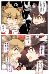 Rule 34 | !, !?, 10s, 2girls, ?, angry, animal ears, antlers, black hair, blonde hair, breasts, brown eyes, comic, confrontation, eye contact, fang, glowing, glowing eyes, horns, kemono friends, lion (kemono friends), lion ears, long hair, looking at another, moose (kemono friends), moose ears, multiple girls, school uniform, speech bubble, tanaka kusao, text focus, yellow eyes