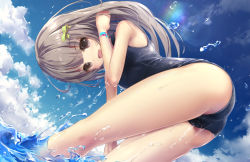 Rule 34 | 1girl, adjusting hair, bare arms, bow, cameltoe, cloud, day, from below, gradient background, hair ribbon, highres, looking at viewer, md5 mismatch, missile228, one-piece swimsuit, original, resolution mismatch, ribbon, school swimsuit, sky, smile, soaking feet, solo, source larger, splashing, swimsuit, wading, water, water drop, wet, wristband