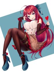 Rule 34 | 1girl, ahoge, blue eyes, blush, bow, breasts, brown pantyhose, brown skirt, buttons, detached sleeves, fang, frills, full body, hair ornament, hair ribbon, hairclip, haruhitooo, heart, high heels, highres, knees up, large breasts, long hair, looking at viewer, open mouth, original, painttool sai (medium), pantyhose, pleated skirt, red hair, ribbon, shirt, simple background, skin fang, skirt, sleeves past wrists, smile, solo, thigh strap, white shirt