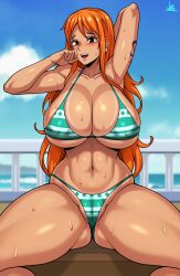 Rule 34 | 1girl, absurdres, ass, bikini, blue sky, breasts, cleft of venus, curvy, gluteal fold, green bikini, highres, huge breasts, jmg, long hair, looking at viewer, nami (one piece), navel, one piece, open mouth, shiny skin, shoulder tattoo, sitting, sky, solo, swimsuit, tan, tattoo, thong, thong bikini, wide hips