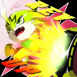 Rule 34 | 1boy, artist request, claws, clenched hands, digimon, digimon (creature), fangs, full body, glowing, glowing eyes, highres, jumping, looking to the side, looking up, motion blur, open mouth, pulsemon, sharp teeth, spiked hair, tail, teeth, yellow background