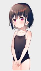 Rule 34 | 1girl, bare arms, bare shoulders, black hair, black one-piece swimsuit, blush, closed mouth, collarbone, commentary request, covered navel, cowboy shot, grey background, hair between eyes, highres, meito (maze), one-piece swimsuit, original, own hands together, red eyes, school swimsuit, simple background, solo, standing, swimsuit, wavy mouth, wet, wet hair