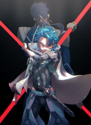 Rule 34 | 2boys, age difference, armor, asymmetrical bangs, back-to-back, belt, black background, blue hair, bodysuit, bodysuit under clothes, bracelet, braid, braided ponytail, capelet, child, clothing cutout, cu chulainn (fate), cu chulainn (fate/stay night), dagger, earrings, fate/grand order, fate/grand order arcade, fate/stay night, fate (series), floating hair, height difference, highres, holding, holding polearm, holding weapon, jewelry, knife, long hair, male focus, monolu, multiple boys, multiple persona, pauldrons, polearm, ponytail, popped collar, red eyes, scabbard, setanta (fate), sheath, shoulder armor, simple background, skin tight, slit pupils, spiked hair, thigh cutout, weapon