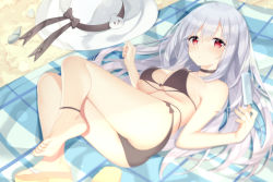 Rule 34 | 1girl, absurdres, ahoge, anklet, ass, bad id, bad pixiv id, bare shoulders, beach, beach towel, bikini, black bikini, black bow, black choker, blush, bow, breasts, choker, cleavage, closed mouth, commentary request, day, feet, fingernails, food, hair between eyes, highres, holding, jewelry, jyt, long hair, looking at viewer, lying, niliu chahui, on side, one shoe, original, outdoors, popsicle, red eyes, sandals, sidelocks, silver hair, soles, solo, swimsuit, toes, tokisaki mio (niliu chahui), towel, underboob, very long hair