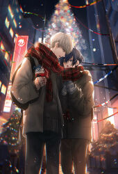 Rule 34 | 2boys, :o, asano (kazusasn), backlighting, black pants, blue eyes, blue hair, blue mittens, blurry, blurry background, brown coat, brown pants, building, character print, christmas tree, coat, commentary, cowboy shot, cup, disposable cup, drinking straw, english commentary, grey coat, grey eyes, grey hair, grey sweater, hair between eyes, highres, holding, holding cup, jack frost (megami tensei), long sleeves, looking at another, male focus, mittens, multiple boys, narukami yuu, night, open mouth, outdoors, pants, persona, persona 3, persona 4, plaid, plaid scarf, red mittens, red scarf, road, scarf, shared clothes, shared scarf, short hair, sign, snowing, standing, street, sweater, winter clothes, winter coat, yuuki makoto (persona 3)