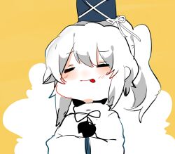 Rule 34 | black bow, black bowtie, blue hat, blush, bow, bowtie, closed eyes, closed mouth, commentary request, hat, hat ribbon, japanese clothes, kariginu, long hair, long sleeves, mononobe no futo, own hands together, pom pom (clothes), ponytail, ribbon, sidelocks, sketch, smile, suzune hapinesu, tate eboshi, tongue, tongue out, touhou, white hair, white ribbon, wide sleeves, yellow background