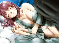 Rule 34 | 2girls, bed, blush, brave witches, breasts, brown hair, cleavage, clenched hand, closed eyes, collarbone, hosoinogarou, karibuchi hikari, karibuchi takami, large breasts, long hair, lying, multiple girls, nightgown, no bra, on bed, on side, panties, parted lips, pillow, pov, sleeping, small breasts, teeth, thighs, underwear, white panties, world witches series
