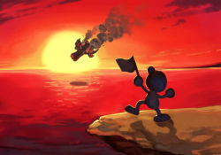 Rule 34 | black skin, cliff, colored skin, flag, full body, game &amp; watch, halberd (airship), holding, holding flag, horizon, hungry clicker, kirby (series), kirby super star, mr. game &amp; watch, nintendo, ocean, outdoors, parody, red sky, sky, solo, standing, standing on one leg, sun, sunset, super smash bros.