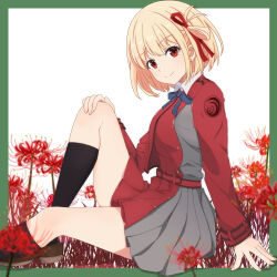 Rule 34 | 1girl, arm support, belt, black socks, blonde hair, blue ribbon, blurry, blurry background, bob cut, border, closed mouth, collared shirt, commentary request, dress, flower, green border, grey dress, hair ribbon, highres, knee up, kneehighs, long sleeves, looking at viewer, lycoris recoil, lycoris uniform, neck ribbon, nishikigi chisato, outside border, pleated dress, red belt, red dress, red eyes, red flower, red ribbon, ribbon, shirt, short hair, sitting, smile, socks, solo, spider lily, split mouth, sumishake, two-tone dress, white background, white shirt