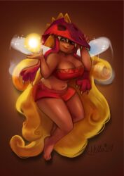 Rule 34 | 1girl, absurdly long hair, bare legs, barefoot, blonde hair, breasts, brown background, cleavage, dark-skinned female, dark skin, edith up (rayman), fairy, fairy wings, gradient background, hands up, highres, ladystarpanda, large breasts, long hair, looking at viewer, midriff, navel, rayman origins, red shorts, red tube top, shorts, signature, smile, solo, sparkle, strapless, tube top, very long hair, wings