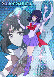 Rule 34 | 1girl, back bow, bishoujo senshi sailor moon, black hair, blue background, boots, bow, brooch, character name, choker, circlet, closed mouth, cross-laced footwear, elbow gloves, expressionless, full body, gloves, holding, holding polearm, holding spear, holding weapon, jewelry, knee boots, lace-up boots, looking at viewer, magical girl, name connection, object namesake, planet, pleated skirt, polearm, purple eyes, purple footwear, purple sailor collar, purple skirt, red bow, sailor collar, sailor saturn, sailor senshi uniform, saturn (planet), short hair, silence glaive, skirt, solo, spear, standing, star brooch, tomoe hotaru, weapon, white gloves, yogi (yogikka), zoom layer