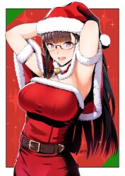 Rule 34 | 1girl, armpits, belt, black hair, breasts, brown hair, capelet, christmas, dress, fur-trimmed capelet, fur-trimmed dress, fur-trimmed headwear, fur trim, glasses, hat, highres, large breasts, long hair, looking at viewer, merry christmas, nanahime, open mouth, original, purple eyes, red capelet, red hat, santa costume, santa dress, santa hat, smile, solo, upper body