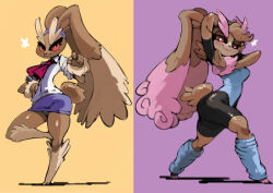 Rule 34 | 2girls, alternate color, animal ears, ascot, ass, bittenhard, black sclera, blush, breasts, brown fur, colored sclera, creatures (company), eyelashes, furry, furry female, game freak, gen 4 pokemon, hand on own hip, leg warmers, leotard, long eyelashes, lopunny, multiple girls, necktie, nintendo, pink fur, pokemon, pokemon (creature), rabbit ears, rabbit girl, rabbit tail, red ascot, red eyes, shiny pokemon, shirt, simple background, skirt, smile, star (symbol), tail, thick eyebrows, thighs, white shirt