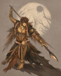 Rule 34 | 1boy, barefoot, borrowed character, facial mark, feathers, hair over one eye, long hair, male focus, moogie (shinjyu), moon, muscular, nail polish, original, polearm, red hair, sash, serious, solo, spear, topless male, weapon, wings, yellow eyes