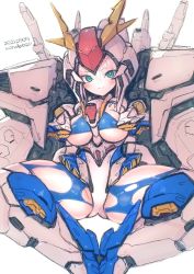 Rule 34 | 1girl, armor, artist name, between breasts, blue pantyhose, blush, breasts, commentary, dated, green eyes, gundam, gundam hathaway&#039;s flash, helmet, highres, large breasts, leotard, looking at viewer, mecha musume, pantyhose, rondo bell, smile, solo, torn clothes, torn pantyhose, v-fin, white background, white hair, xi gundam