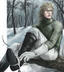 Rule 34 | 1boy, absurdres, argyle, argyle clothes, argyle sweater, blonde hair, blue eyes, boots, brown footwear, dated, diego brando, gloves, highres, jojo no kimyou na bouken, lips, looking to the side, male focus, sasamura, sitting, snow, solo, spurs, steel ball run, sweater, tree, turtleneck, twitter username, white gloves, winter