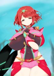 Rule 34 | 1girl, armor, bare hips, bea (bropmlk), breasts, chest jewel, commentary, covered navel, earrings, gem, gloves, gold trim, half-closed eyes, head tilt, high collar, highres, huge breasts, jewelry, large breasts, looking at viewer, micro shorts, neon trim, nintendo, pyra (xenoblade), red eyes, red hair, red shorts, short hair, short shorts, shorts, shoulder armor, smile, solo, swept bangs, thighs, xenoblade chronicles (series), xenoblade chronicles 2