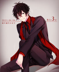 Rule 34 | 1boy, absurdres, black coat, black eyes, black hair, black pants, closed mouth, coat, curly hair, feet out of frame, formal, given, grey background, hand on own knee, highres, knee up, light smile, long scarf, looking at viewer, male focus, motion lines, murata ugetsu, necktie, on floor, pants, pinoli (pinoli66), red scarf, scarf, sitting, solo, suit